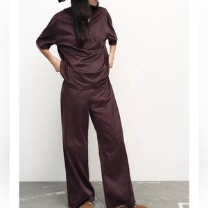 Zara NWT 2 piece matching SET brown faux suede tee shirt & wide leg pants